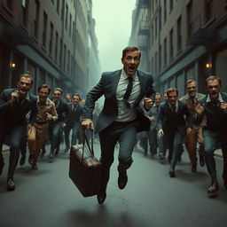 A tense scene featuring a scared businessman, dressed in a formal suit, clutching a suitcase as he runs desperately through an eerie, deserted city street