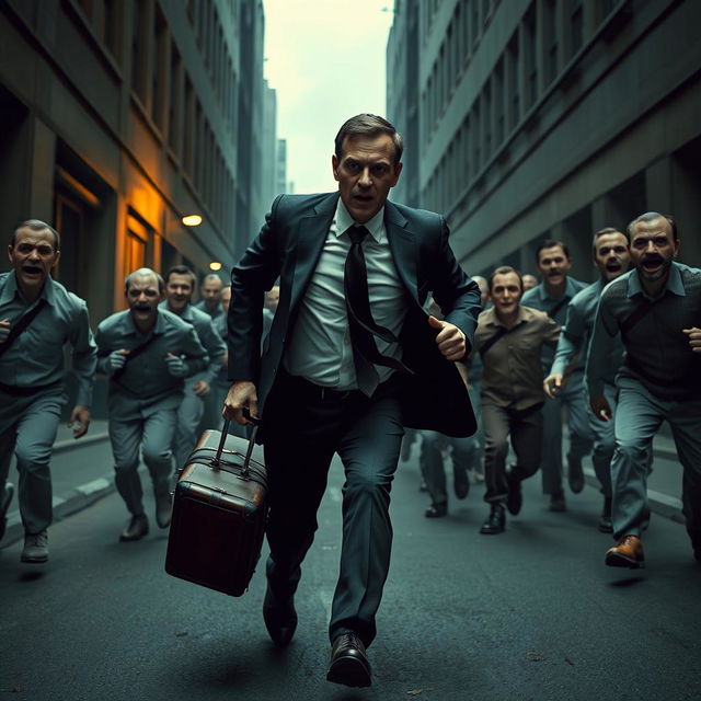 A tense scene featuring a scared businessman, dressed in a formal suit, clutching a suitcase as he runs desperately through an eerie, deserted city street