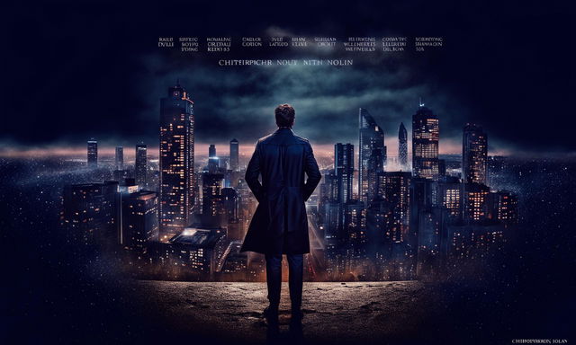 A Christopher Nolan style movie poster featuring a dark cityscape at night with a lone figure standing in the foreground.