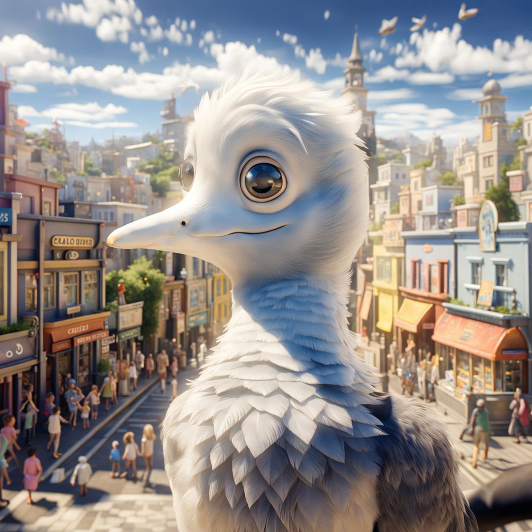 A seagull in a vibrant seaside town, heavily influenced by Pixar-style animation.