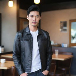 A Chinese man with an elongated face and black hair, wearing a leather jacket, shirt, and jeans, with a cafe background.