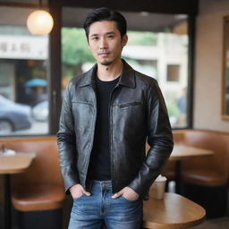 A Chinese man with an elongated face and black hair, wearing a leather jacket, shirt, and jeans, with a cafe background.