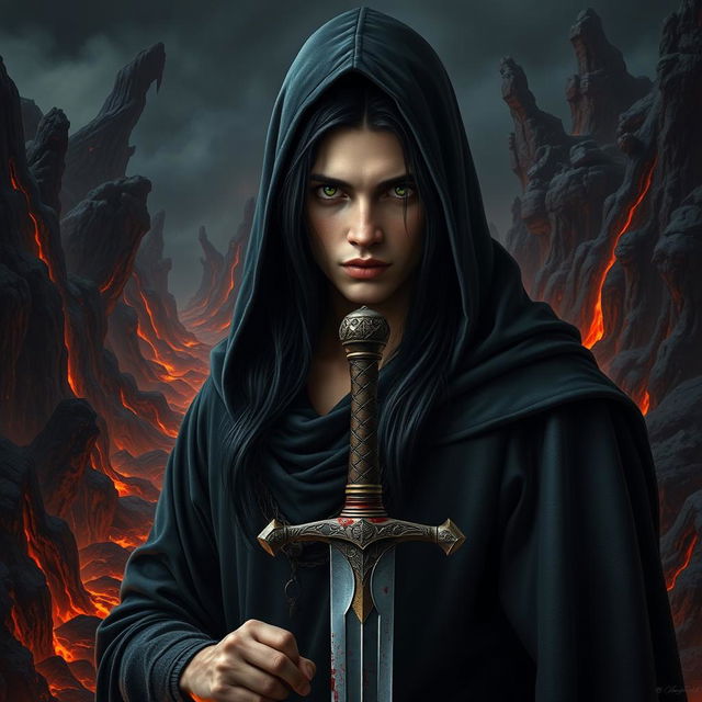 A striking portrait of a young man with long black hair and piercing green eyes, clad in a dark hooded cloak