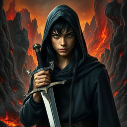 A striking portrait of a young man with long black hair and piercing green eyes, clad in a dark hooded cloak