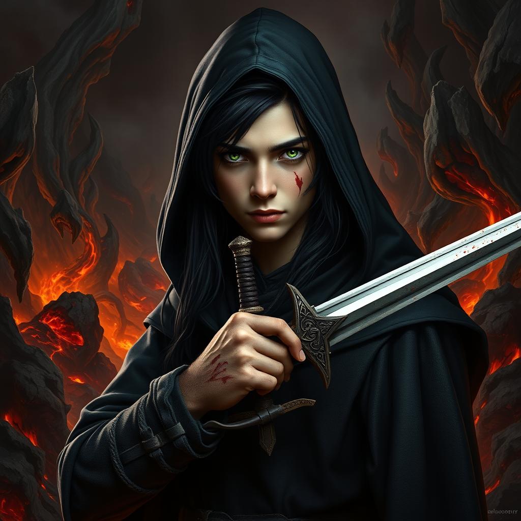 A striking portrait of a young man with long black hair and piercing green eyes, clad in a dark hooded cloak