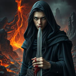 A striking portrait of a young man with long black hair and piercing green eyes, clad in a dark hooded cloak