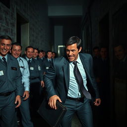 A gripping horror movie scene featuring a terrified businessman, his expression filled with panic as he desperately tries to escape