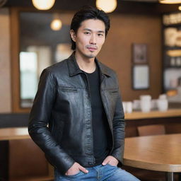 A Chinese man with an elongated face and black hair, wearing a leather jacket, shirt, and jeans, with a cafe background.