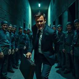 A gripping horror movie scene featuring a terrified businessman, his expression filled with panic as he desperately tries to escape