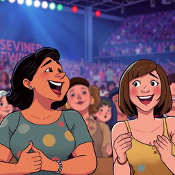 An animated scene at a Stevie Wonder concert, featuring a diverse and enthusiastic crowd of fans