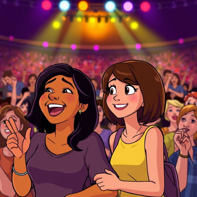 An animated scene at a Stevie Wonder concert, featuring a diverse and enthusiastic crowd of fans