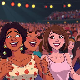 An animated scene at a Stevie Wonder concert, featuring a diverse and enthusiastic crowd of fans