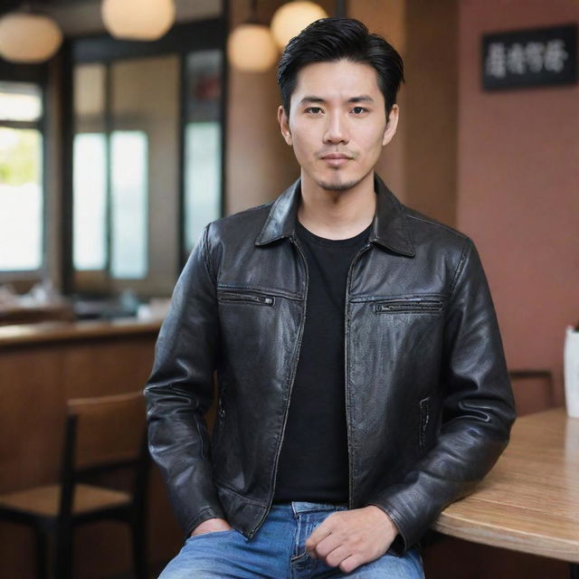 A Chinese man with an elongated face and black hair, wearing a leather jacket, shirt, and jeans, with a cafe background.