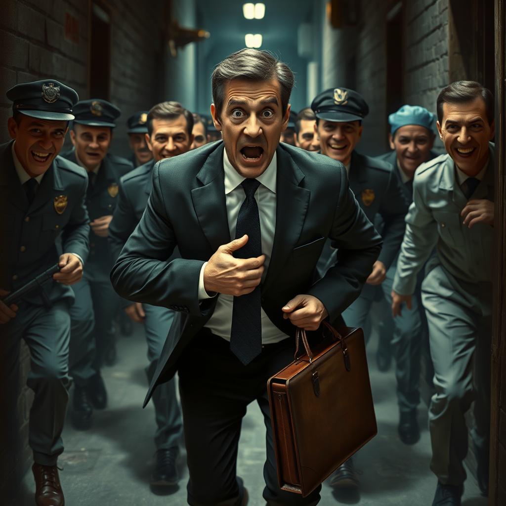 An intense scene depicting a scared businessman, fear evident in his wide eyes and strained expression, as he desperately attempts to escape from a group of people that have his exact face but are dressed in various uniforms, such as police, military, and medical attire