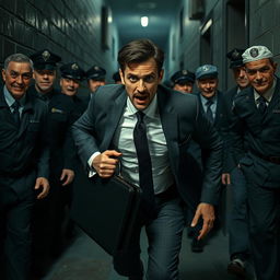 An intense scene depicting a scared businessman, fear evident in his wide eyes and strained expression, as he desperately attempts to escape from a group of people that have his exact face but are dressed in various uniforms, such as police, military, and medical attire