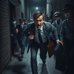 An intense scene depicting a scared businessman, fear evident in his wide eyes and strained expression, as he desperately attempts to escape from a group of people that have his exact face but are dressed in various uniforms, such as police, military, and medical attire