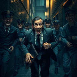An intense scene depicting a scared businessman, fear evident in his wide eyes and strained expression, as he desperately attempts to escape from a group of people that have his exact face but are dressed in various uniforms, such as police, military, and medical attire