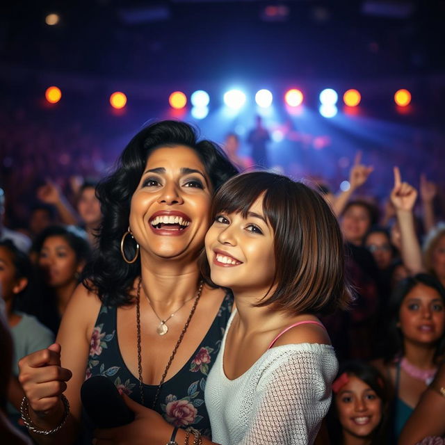 A realistic depiction of a lively Stevie Wonder concert, focusing on a Latina mother with dark hair and a prominent nose, joyfully dancing in the crowd