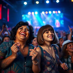 A realistic depiction of a lively Stevie Wonder concert, focusing on a Latina mother with dark hair and a prominent nose, joyfully dancing in the crowd