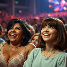 A realistic depiction of a lively Stevie Wonder concert, focusing on a Latina mother with dark hair and a prominent nose, joyfully dancing in the crowd