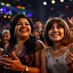 A realistic depiction of a lively Stevie Wonder concert, focusing on a Latina mother with dark hair and a prominent nose, joyfully dancing in the crowd