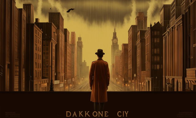 A Wes Anderson style movie poster for 'Dark City', featuring a foggy cityscape with mixed architectural styles, an ominous crow, a lone figure in a trench coat and fedora, and a foreboding atmosphere.