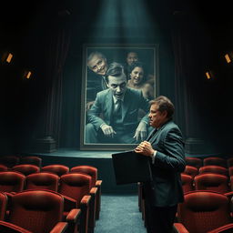 A dramatic scene set in a dark, gloomy theater featuring a scared businessman, his expression filled with horror and confusion as he stares at a large poster for a play