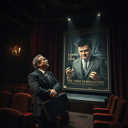 A dramatic scene set in a dark, gloomy theater featuring a scared businessman, his expression filled with horror and confusion as he stares at a large poster for a play