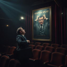 A dramatic scene set in a dark, gloomy theater featuring a scared businessman, his expression filled with horror and confusion as he stares at a large poster for a play