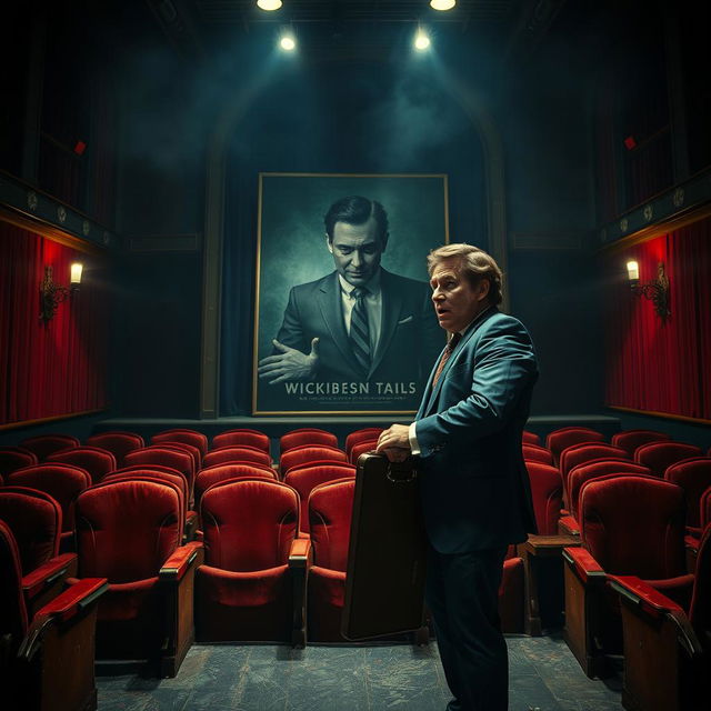 A dramatic scene set in a dark, gloomy theater featuring a scared businessman, his expression filled with horror and confusion as he stares at a large poster for a play