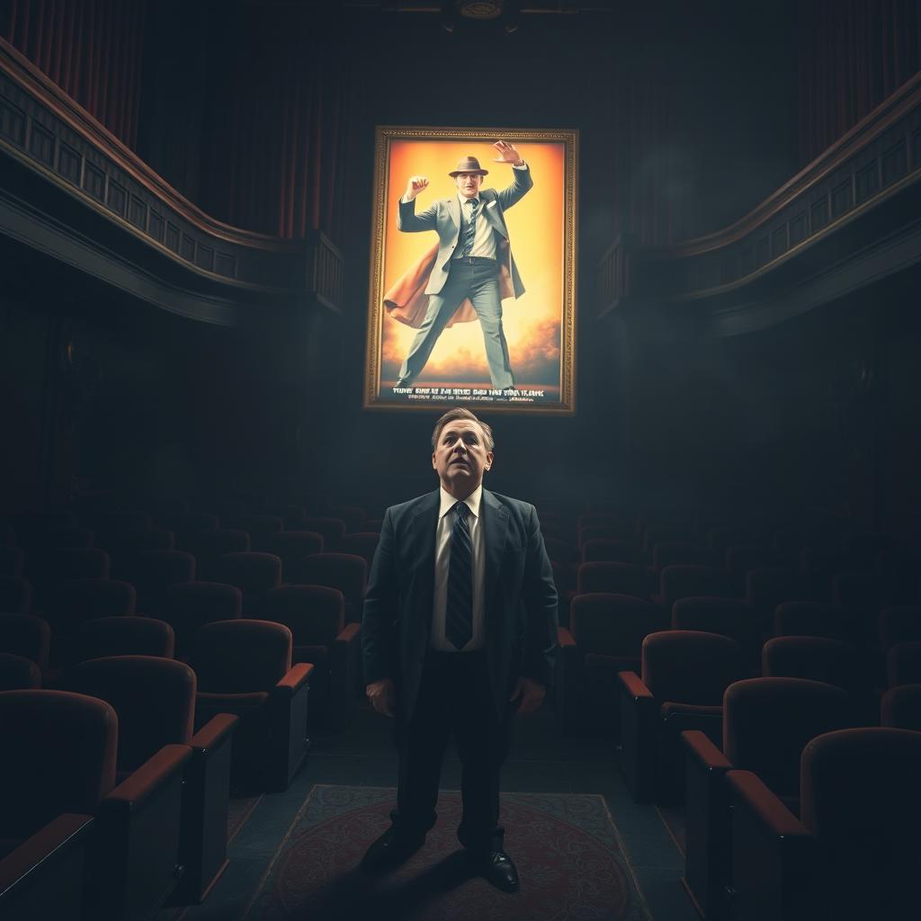 A very scared businessman stands frozen in a dark, gloomy theater, filled with an overwhelming sense of dread