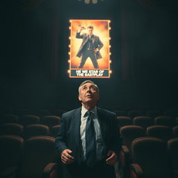A very scared businessman stands frozen in a dark, gloomy theater, filled with an overwhelming sense of dread