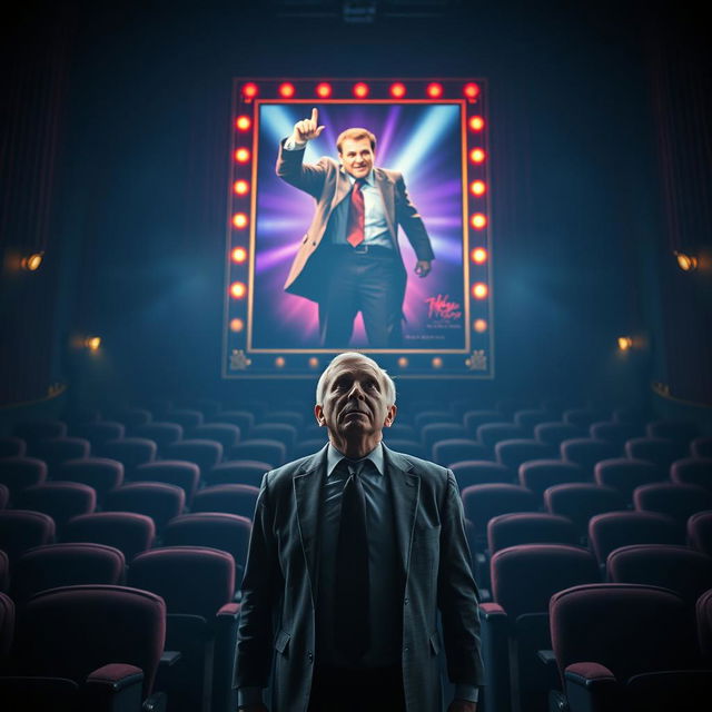 A very scared businessman stands frozen in a dark, gloomy theater, filled with an overwhelming sense of dread