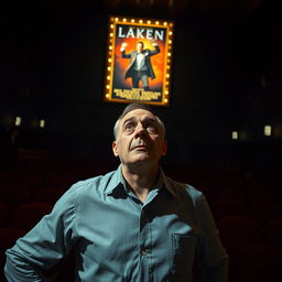 A very scared businessman stands frozen in a dark, gloomy theater, filled with an overwhelming sense of dread
