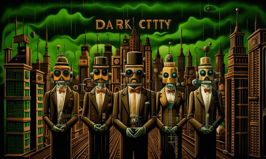 A Wes Anderson inspired 'Dark City' poster featuring retro sci-fi cityscape, robots in top hats and Victorian-era clothing.