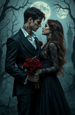 A hauntingly beautiful scene depicting a dark romance between two lovers in a moonlit forest