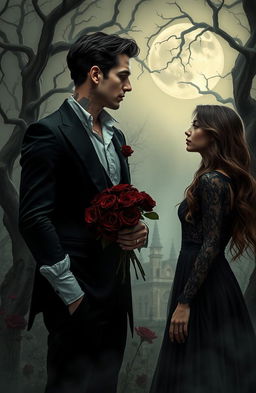 A hauntingly beautiful scene depicting a dark romance between two lovers in a moonlit forest