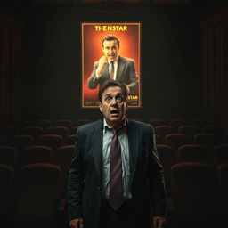 A very scared businessman stands in the center of a dark, gloomy theater, overwhelmed by a sense of dread