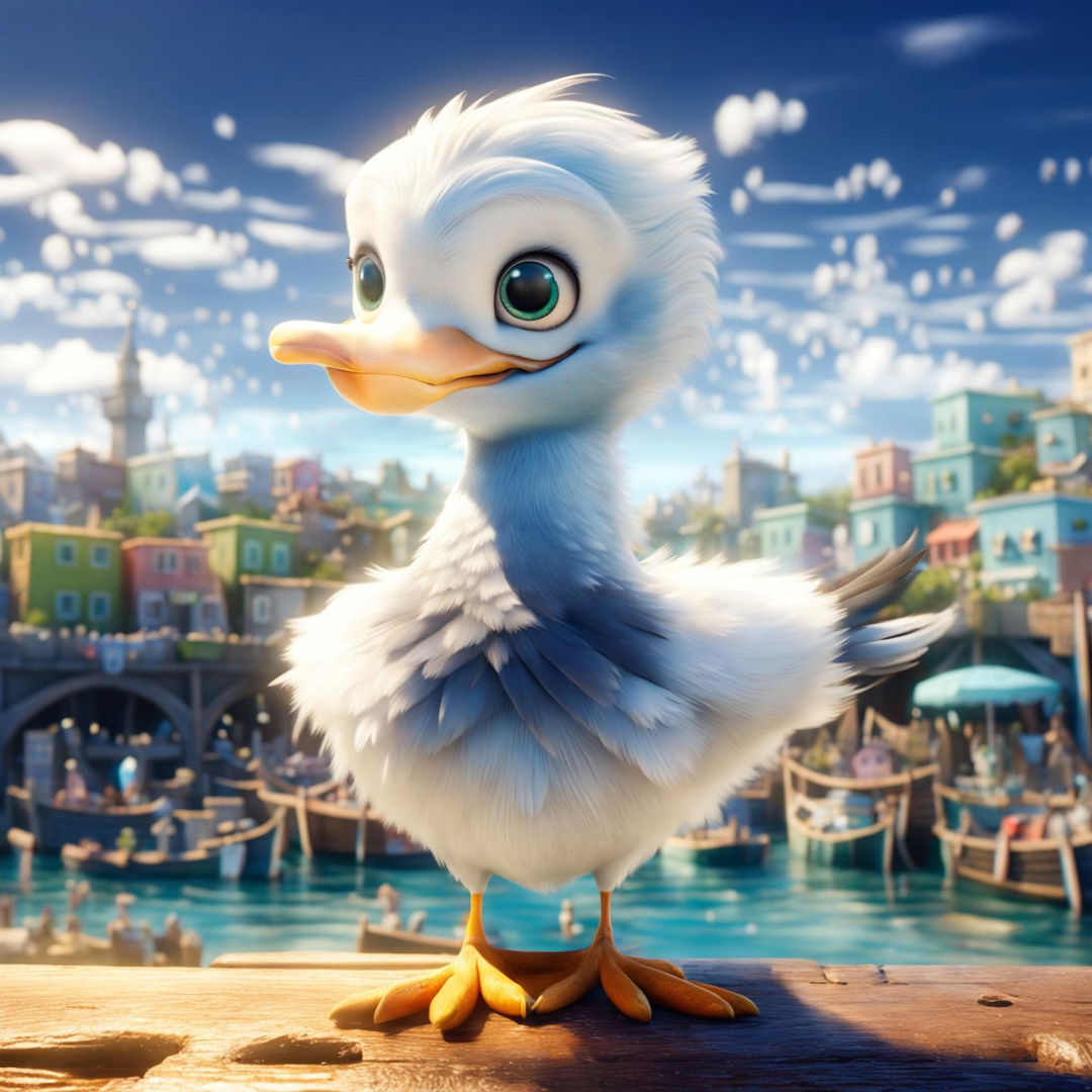 A vibrant Pixar-style scene featuring a cute seagull perched on a wooden pier overlooking a bustling seaside town.