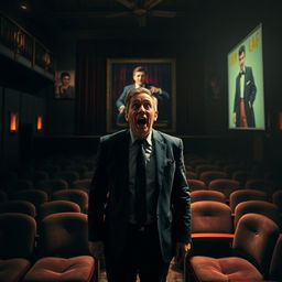 A very scared businessman stands in the center of a dark, gloomy theater, overwhelmed by a sense of dread