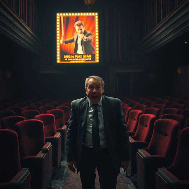 A very scared businessman stands in the center of a dark, gloomy theater, overwhelmed by a sense of dread