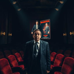 A very scared businessman stands in the center of a dark, gloomy theater, overwhelmed by a sense of dread