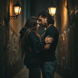 A captivating scene of dark romance featuring a girl with long, flowing hair wearing an oversized black hoodie, standing closely to a guy with dark wavy hair