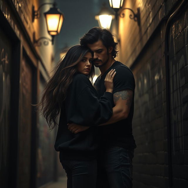 A captivating scene of dark romance featuring a girl with long, flowing hair wearing an oversized black hoodie, standing closely to a guy with dark wavy hair