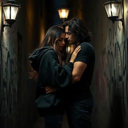 A captivating scene of dark romance featuring a girl with long, flowing hair wearing an oversized black hoodie, standing closely to a guy with dark wavy hair