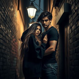 A captivating scene of dark romance featuring a girl with long, flowing hair wearing an oversized black hoodie, standing closely to a guy with dark wavy hair