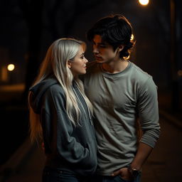 A captivating dark romance scene featuring a beautiful white girl with long hair wearing a cozy hoodie, standing close to a handsome white guy with dark, wavy hair