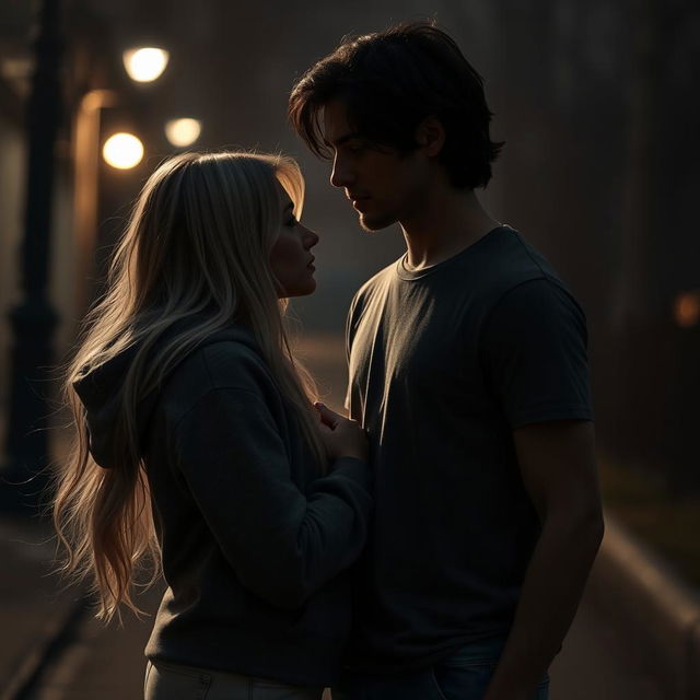 A captivating dark romance scene featuring a beautiful white girl with long hair wearing a cozy hoodie, standing close to a handsome white guy with dark, wavy hair