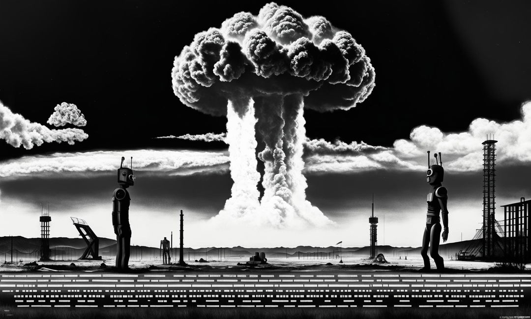 A Wes Anderson inspired poster in black and white, featuring a retro sci-fi theme with a vintage atomic bomb mushroom cloud.