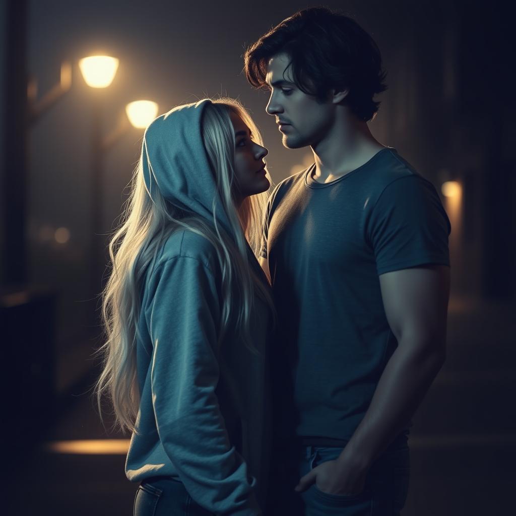 A captivating dark romance scene featuring a beautiful white girl with long hair wearing a cozy hoodie, standing close to a handsome white guy with dark, wavy hair